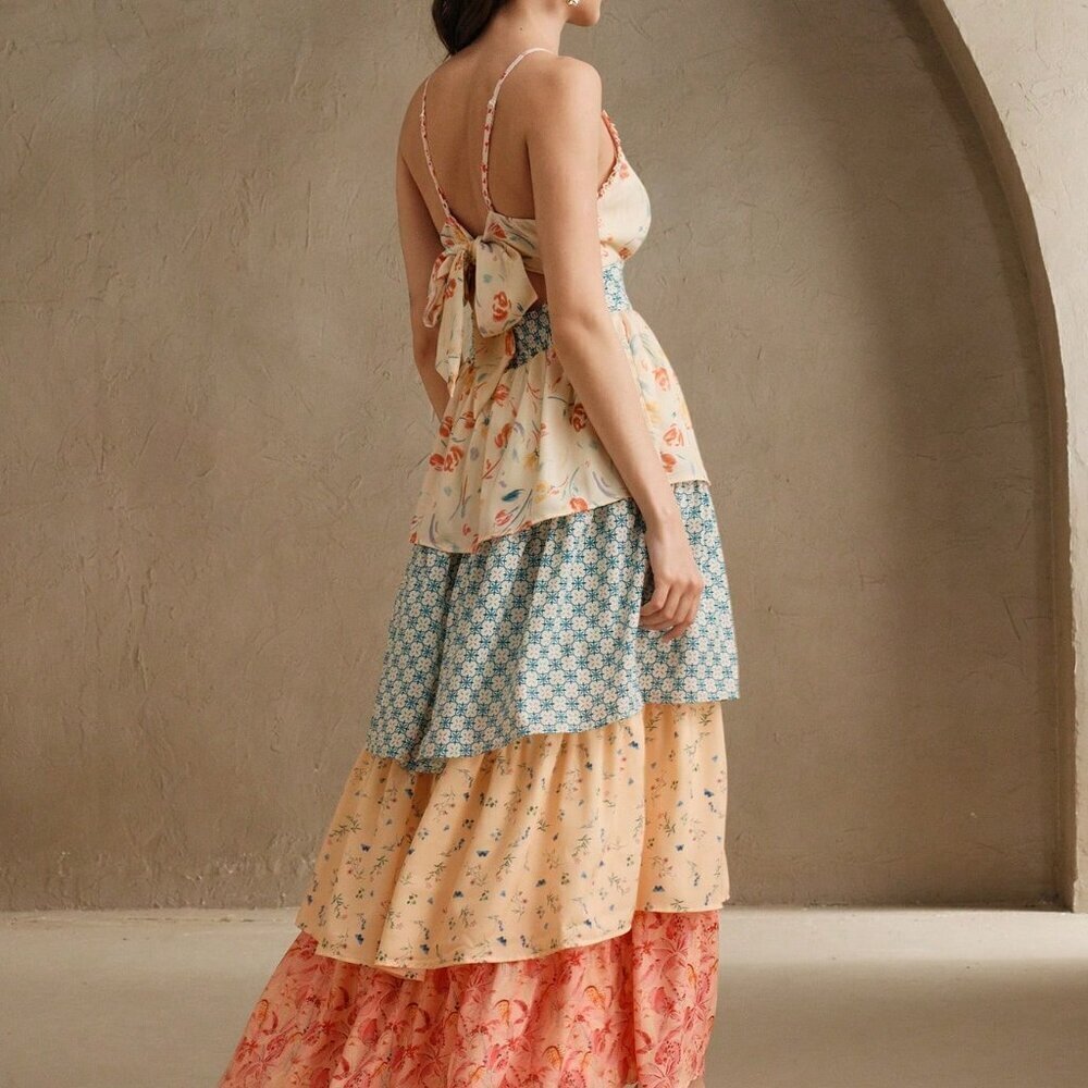 Apricot Boho Women's Floral Print Patchwork Style Long Dress - Picture 6 of 7